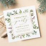 Elegant Botanical Gold Christmas Party Square Invitation<br><div class="desc">This Christmas | Holiday square invitation features painted watercolor eucalyptus,  green leaves,  red berries,  pine branches,  and a faux gold square frame with stylish calligraphy. For more advanced customization of this design,  please click the "Customize further" link. Matching items are also available.</div>