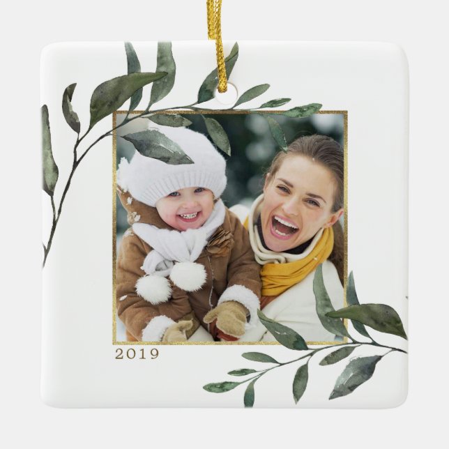 Elegant Botanical Gold Foil Frame Christmas Photo Ceramic Ornament (Front)