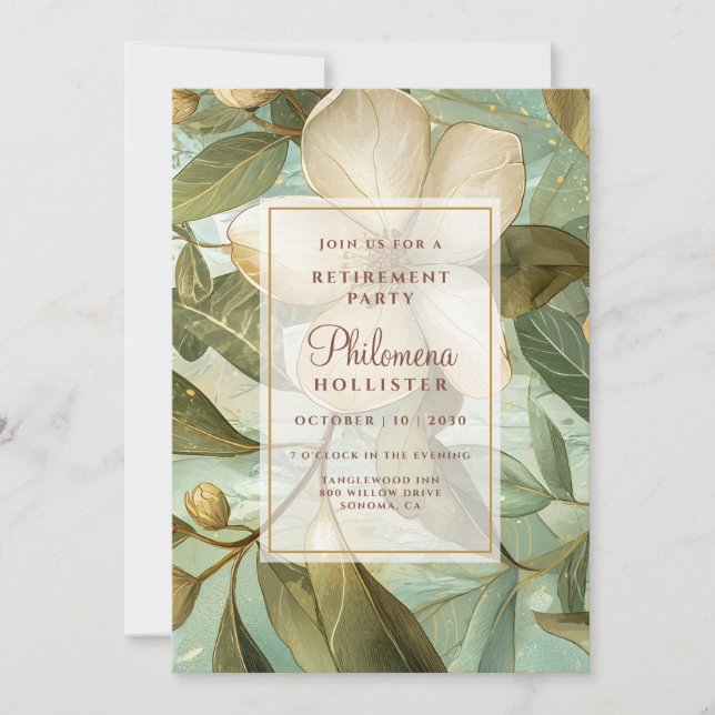 Elegant Botanical Gold Green Floral Retirement  Invitation (Front)