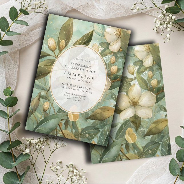 Elegant Botanical Gold Green Floral Retirement  Invitation (Creator Uploaded)