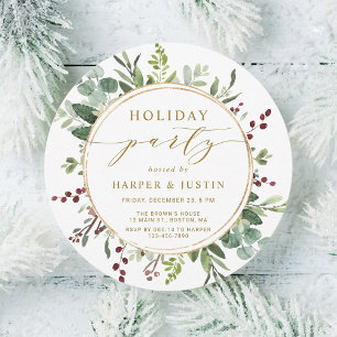 Elegant Botanical Gold Holiday Party Circle Invitation