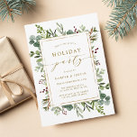 Elegant Botanical Gold Holiday Party Flat Invitation<br><div class="desc">This Christmas | Holiday invitation features painted watercolor eucalyptus,  green leaves,  red berries,  pine branches,  and a faux gold rectangle frame with stylish calligraphy. For more advanced customization of this design,  please click the "Customize further" link. Matching items are also available.</div>