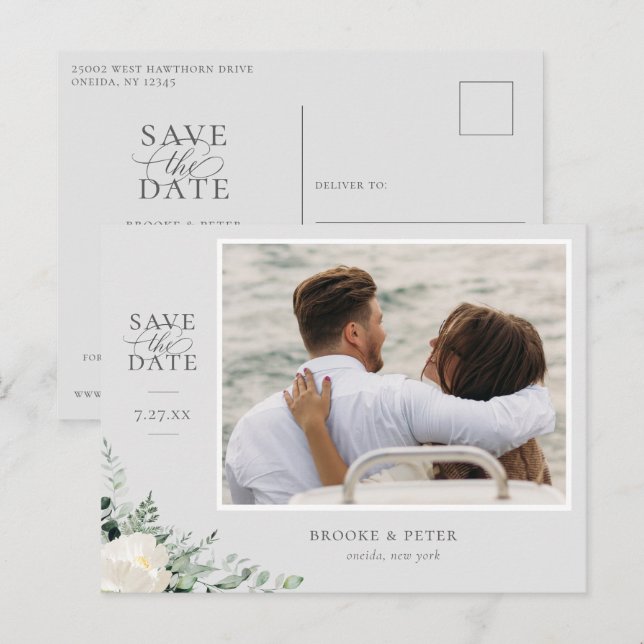 Elegant Botanical Gray Save The Date Announcement Postcard (Front/Back)
