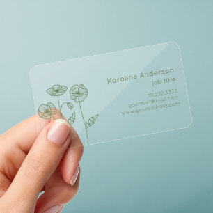 Elegant Botanical Green Ecru Poppy Flowers Clear Business Cards