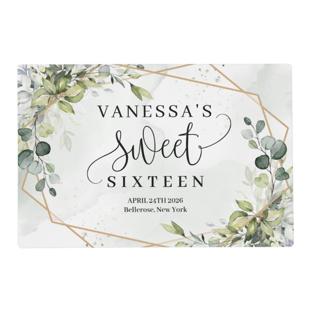 Elegant botanical green eucalyptus gold frame 16th placemat (Front)