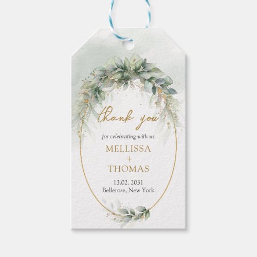 Elegant botanical green eucalyptus gold geometric  gift tags