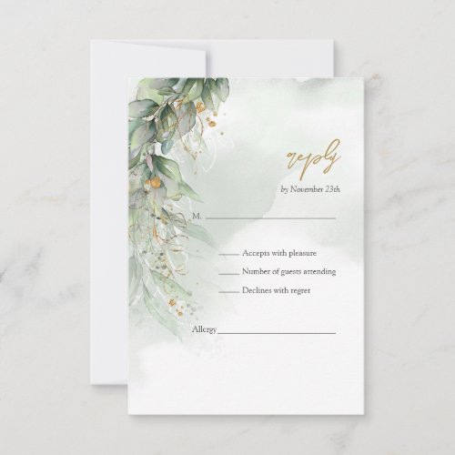 Elegant botanical green eucalyptus gold geometric  RSVP card