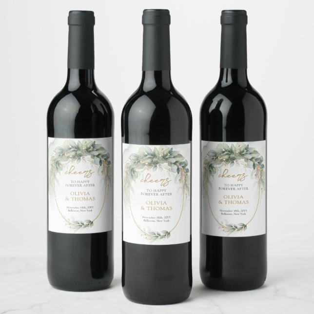 Elegant botanical green eucalyptus gold geometric  wine label (Bottles)