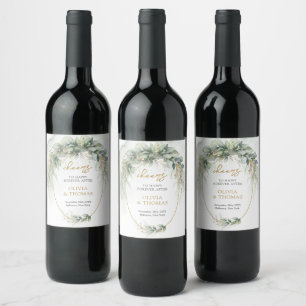Elegant botanical green eucalyptus gold geometric  wine label