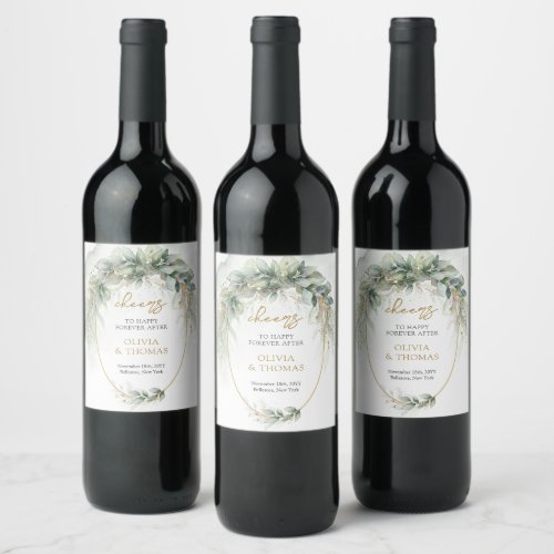 Elegant botanical green eucalyptus gold geometric  wine label