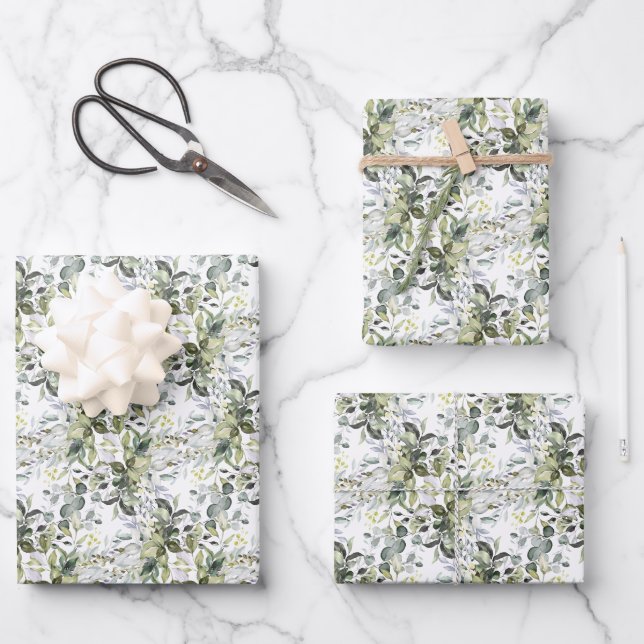 Elegant botanical green eucalyptus gold geometric  wrapping paper sheets (Front)