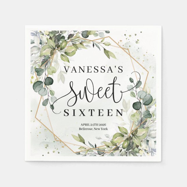 Elegant botanical green eucalyptus gold Sweet 16 Napkins (Front)