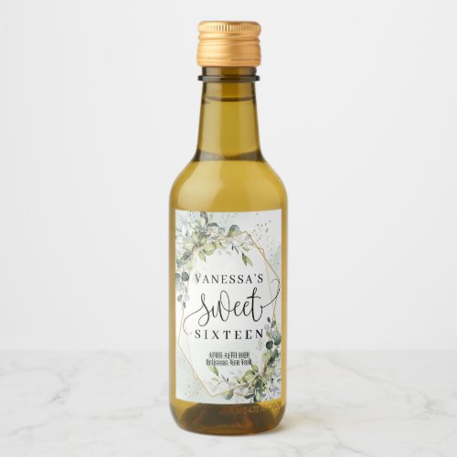 Elegant botanical green eucalyptus gold sweet 16th wine label