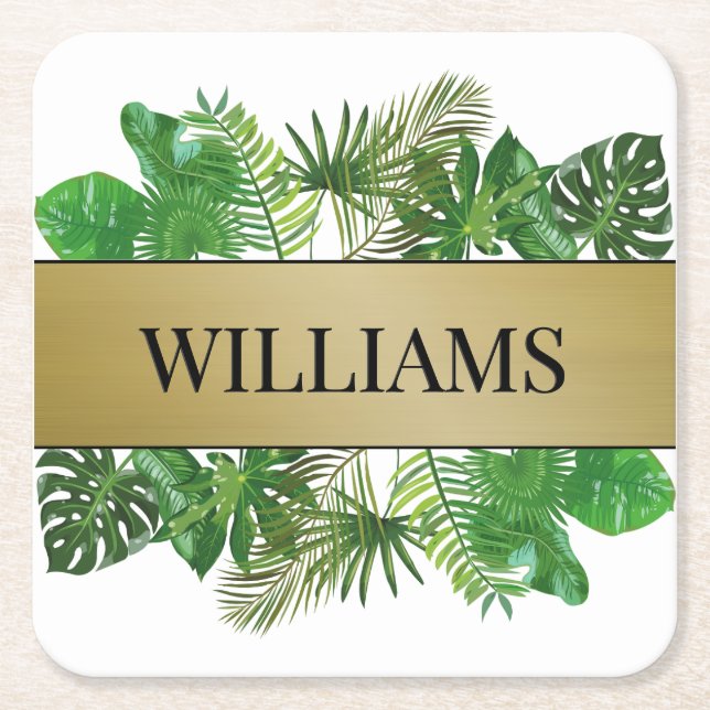 Elegant Botanical Green Faux Gold Palm Leaf Square Paper Coaster (Front)