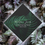 Elegant Botanical Green Fern Leaf On Black Script Graduation Cap Topper<br><div class="desc">Go boldly into the future of a healthy planet with this elegant botanical graduation cap topper. Featuring your name in beautiful modern script with dark green fern leaves on black background,  this decorative mortar board shows your love for ecology and the environment.  Botanical photo by Madison Inouye,  CC0.</div>