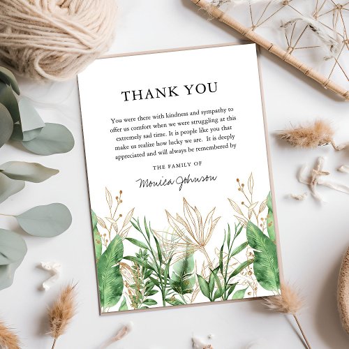 Elegant Botanical Green  Gold Sympathy Thank You Card