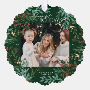 Elegant Botanical Green Happy Holiday photo Ornament Card
