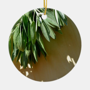 Elegant botanical green herbs leaves sage ceramic ornament