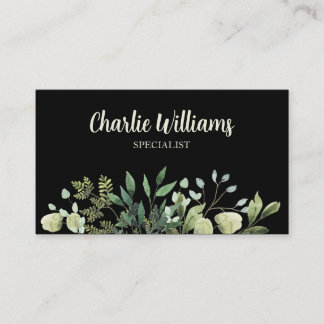 Elegant botanical green leaves black business card
