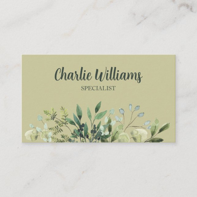 Elegant botanical green leaves earthy boho business card (Front)