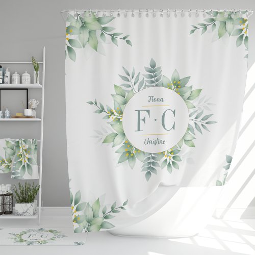 Elegant Botanical Green Leaves Floral Monogram     Shower Curtain