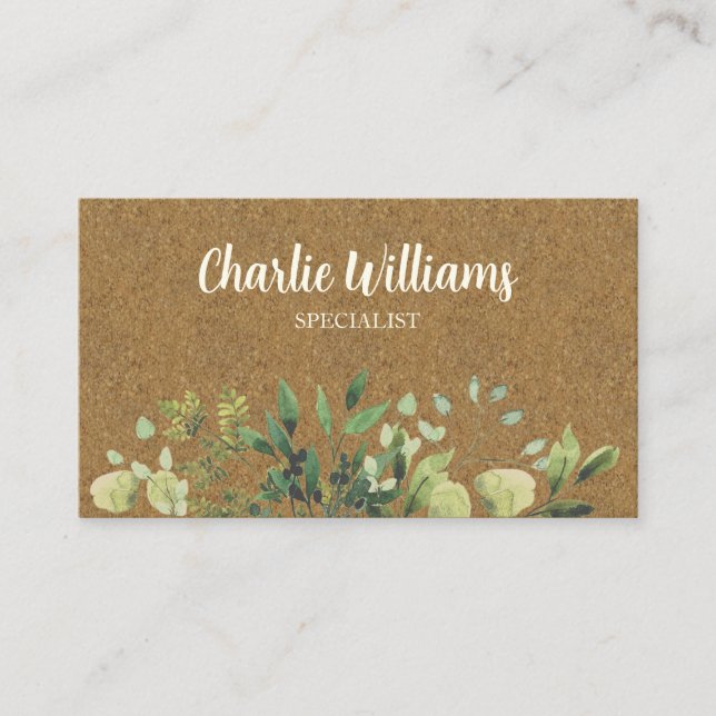 Elegant botanical green leaves kraft business card (Front)