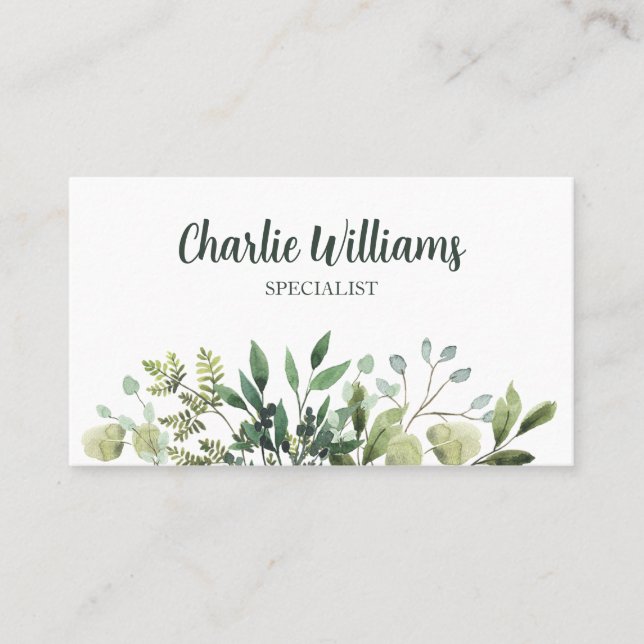 Elegant botanical green leaves white business card (Front)