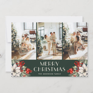 Elegant Botanical Green Photo Collage Christmas Holiday Card