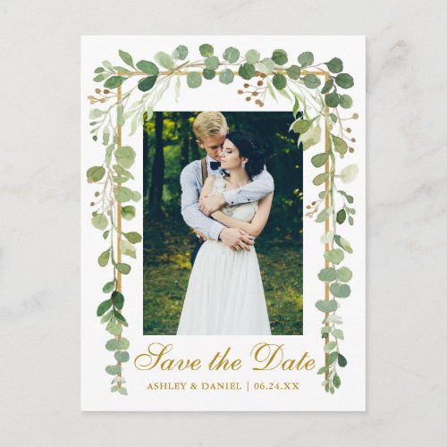 Elegant Botanical Green Photo Gold Save The Date Announcement Postcard