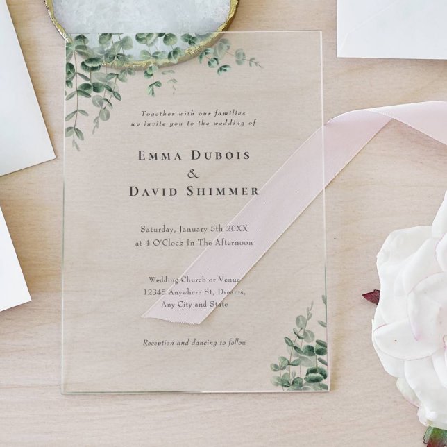 Elegant Botanical green simple Script Wedding Acrylic Invitations (Creator Uploaded)
