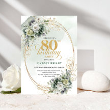 Elegant Botanical Greenery 80th Birthday Invite