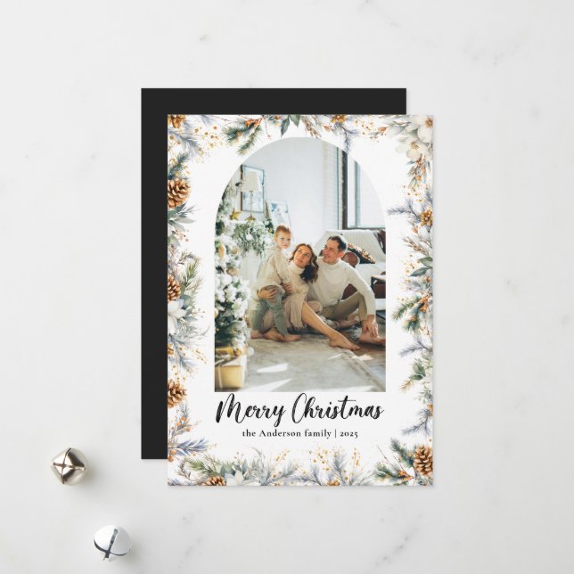 Elegant Botanical Greenery & Arch Black Christmas Holiday Card (Front/Back In Situ)