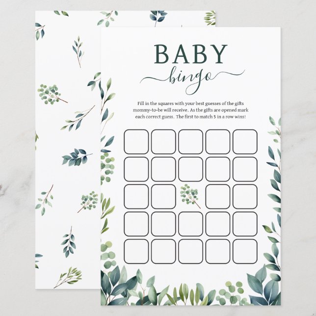 Elegant botanical greenery Baby Shower Bingo Game (Front/Back)