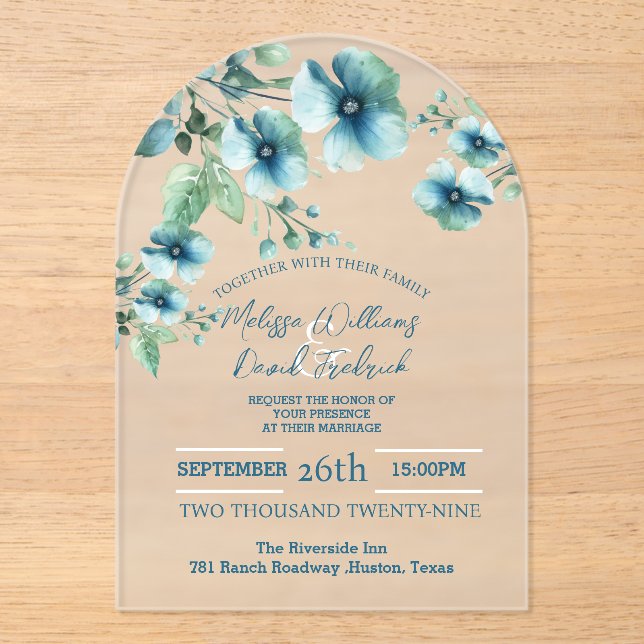 Elegant Botanical Greenery Blue Floral Wedding Acrylic Invitations (Front)