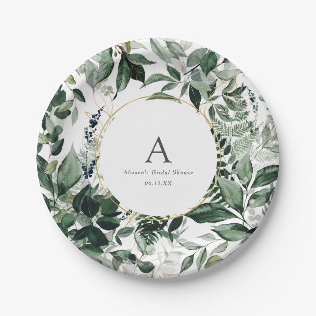 Elegant Botanical Greenery Bridal Brunch Paper Plates (Front)