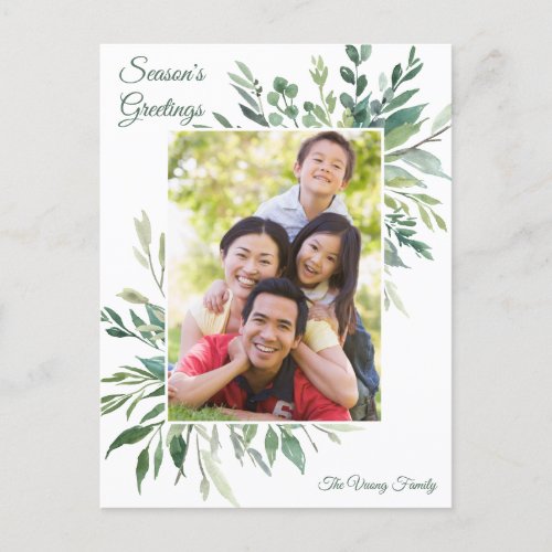 Elegant Botanical Greenery Christmas Family Photo Postcard