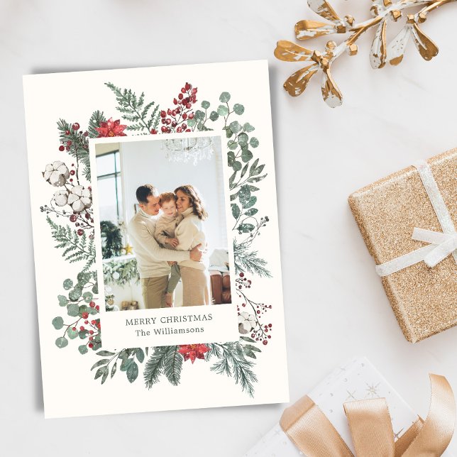 Elegant Botanical Greenery Christmas Photo Holiday Card (Creator Uploaded)