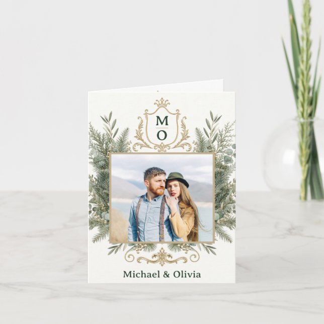Elegant Botanical Greenery Crest Holiday Card (Front)