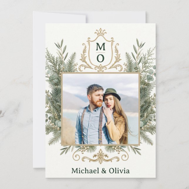 Elegant Botanical Greenery Crest Holiday Card (Front)