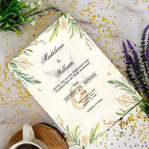 Elegant Botanical Greenery Dove & Rings Wedding Invitation