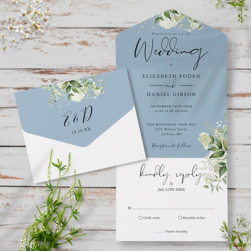 Elegant Botanical Greenery Dusty Blue Wedding All In One Invitation