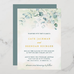 Elegant Botanical Greenery Eucalyptus Wedding Gold Foil Invitation