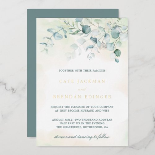 Elegant Botanical Greenery Eucalyptus Wedding Gold Foil Invitation