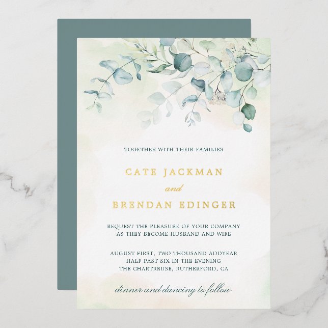 Elegant Botanical Greenery Eucalyptus Wedding Gold Foil Invitation (Front/Back)