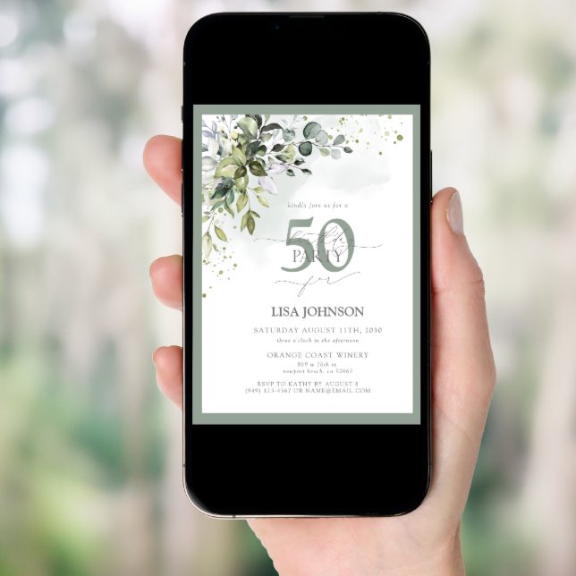 Elegant Botanical Greenery Floral 50th Birthday Invitation (Front Digital)