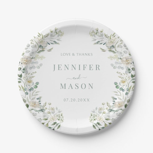 Elegant Botanical Greenery Floral Wedding Paper Plates (Front)