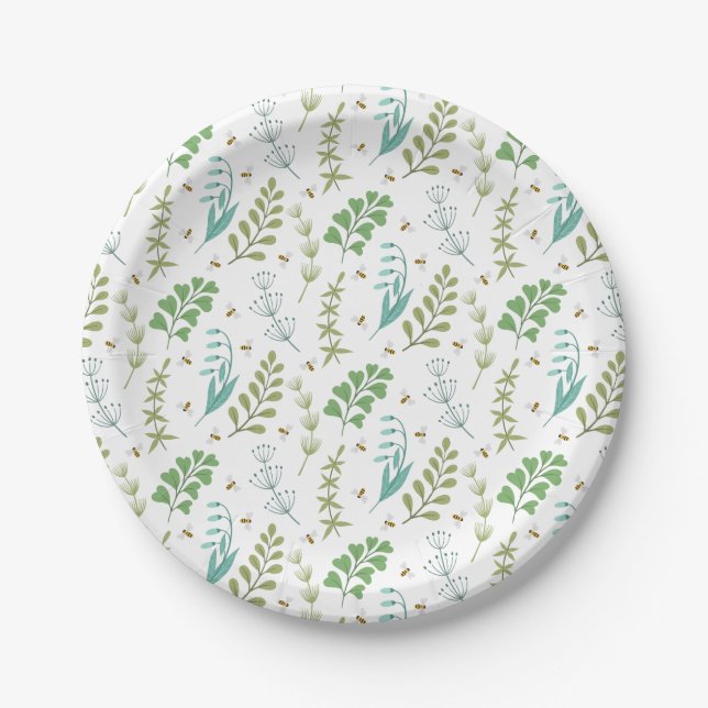Elegant Botanical Greenery Foliage Honey Bee Paper Plates (Front)