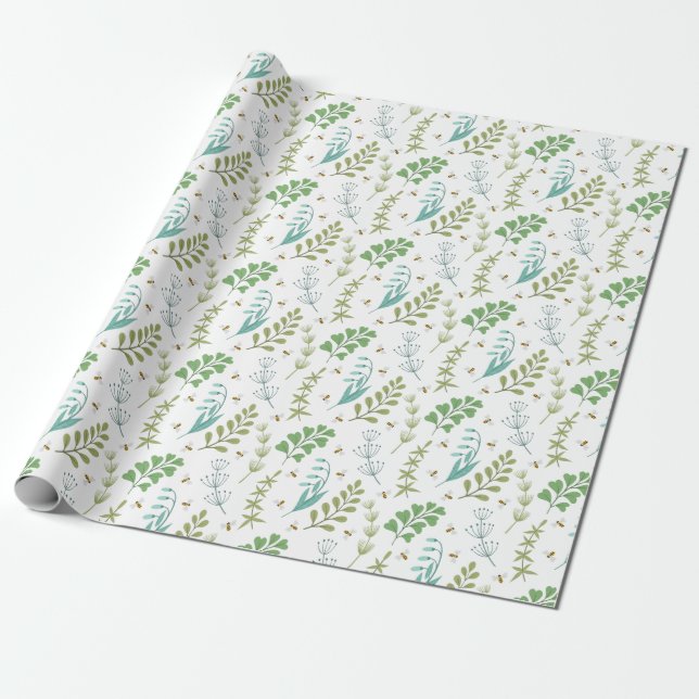 Elegant Botanical Greenery Foliage Honey Bee Wrapping Paper (Unrolled)