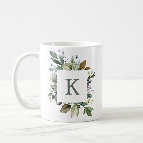 Elegant Botanical Greenery Frame Monogram Coffee Mug