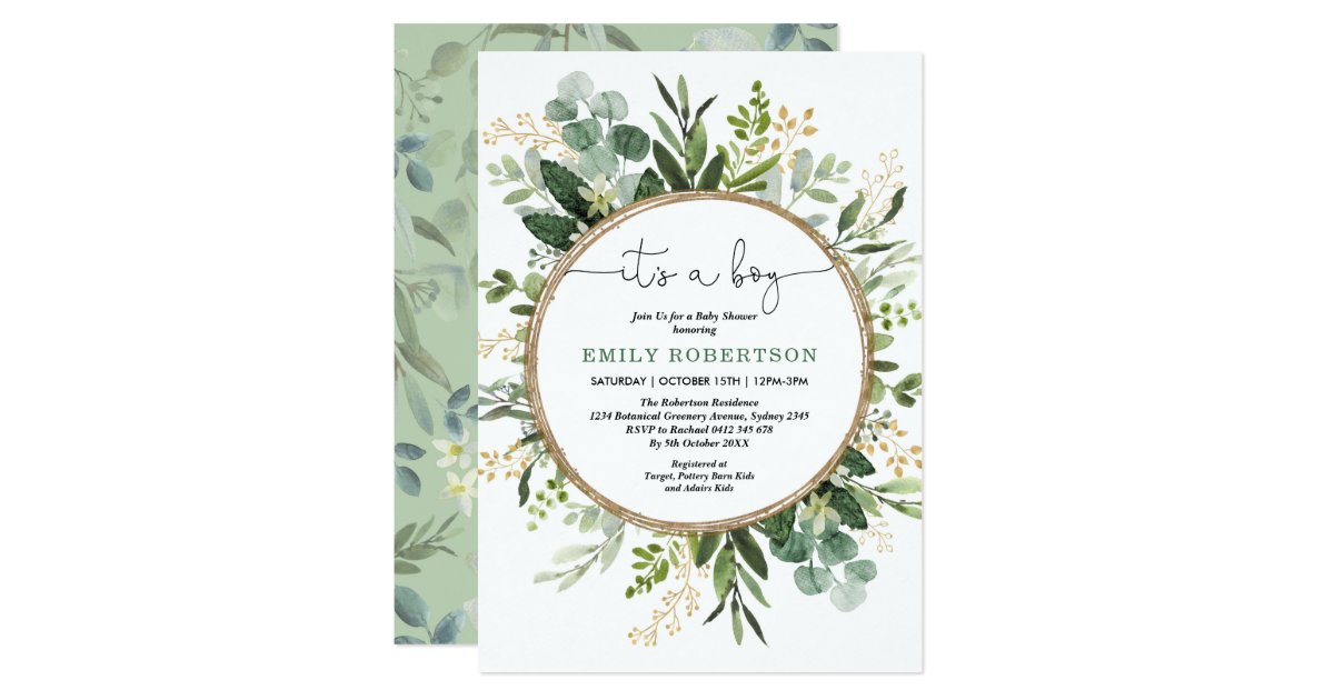Elegant Botanical Greenery Gold Boy Baby Shower Invitation | Zazzle.com